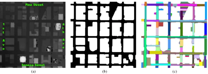 Fig. 13 Application of our approach on LIDAR images. (a) LIDAR image of the city of Seattle