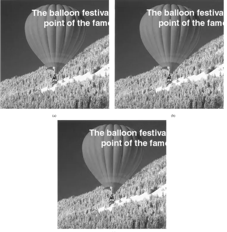 Fig. 12. Test image containing text. (a) Original, (b) 2-D LMS adaptive at 1 bpp, and (c) EZW at 1 bpp.