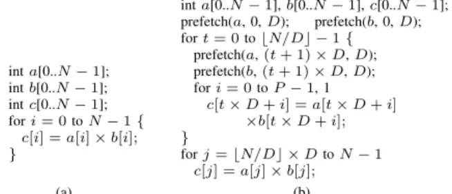Fig. 1. An example that illustrates software prefetching. (a) Original code fragment. (b) Code with explicit prefetch calls inserted