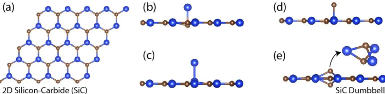 Figure 2: Equilibrium binding structures of C and Si adatoms on graphene like structure of SiC