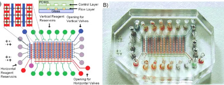 Figure 13. Layout of the element addressable microdevice for SPRi experiments, depicting the 264 chamber microarray, accessed by various features, such as a micropump, microvalves, micromixers, input/output channels, and a row multiplexer
