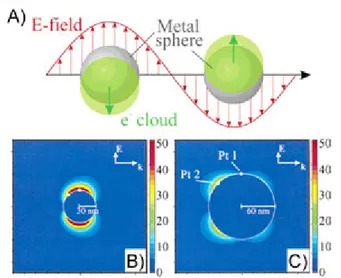 Illustration of the plasmon oscillation and the electron cloud on metal spheres. (B) Electric ﬁeld contours of the main extinction peak 30 nm silver spheres in vacuum