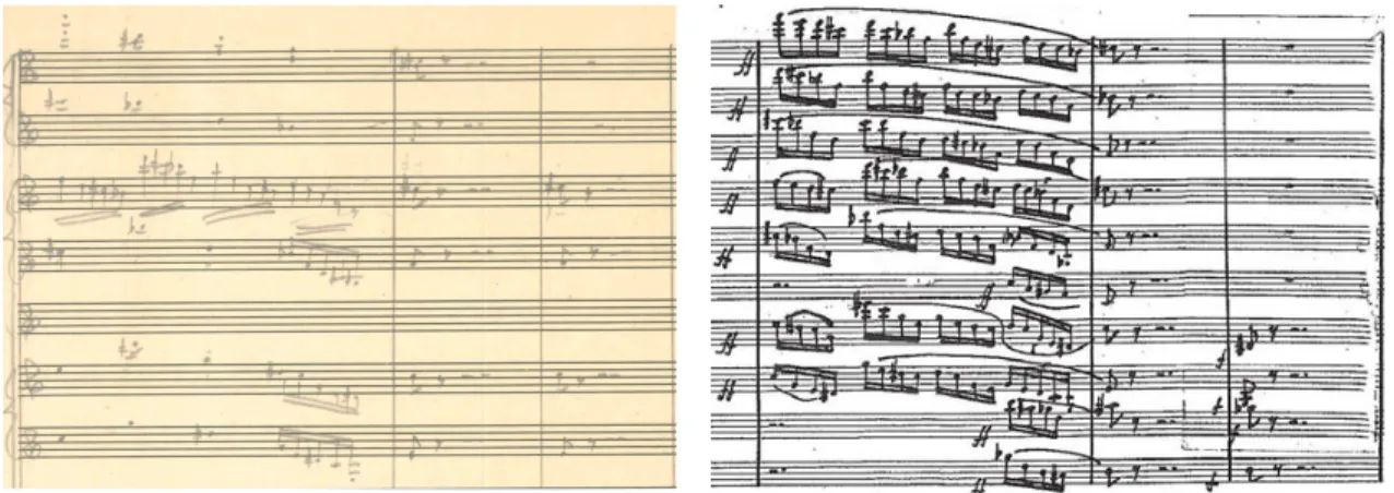 Figure	
  3.7.	
  Wind	
  Orchestration	
  in	
  Orchestral	
  Ending	
  Draft	
  (left)	
  and	
   Autograph	
  Fair	
  Copy	
  Score	
  (right) 	
  