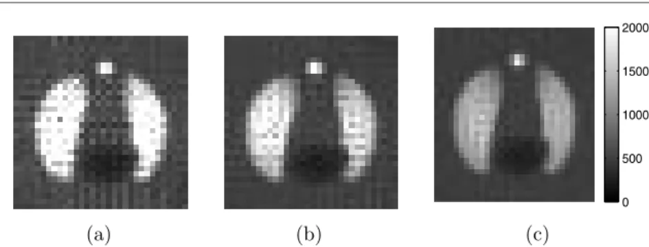 Figure 9. Fifth iteration resistivity reconstructions for slice 32 with simulated noise using total applied currents of (a) 500 mA, (b) 1000 mA and (c) 1500 mA