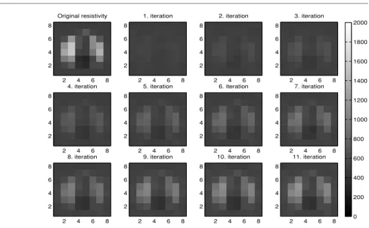 Figure 10. Slice 8 images for 16 × 8 × 8 discretisation for the first 11 iterations of SMM using RoI reconstruction.