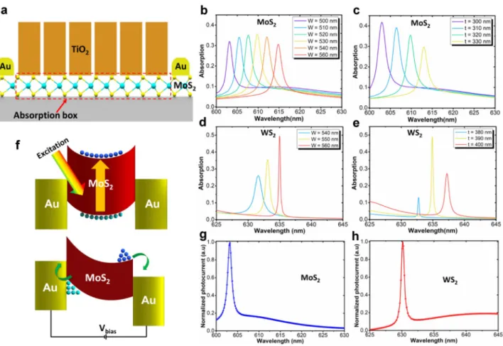 Fig. 2    (a) Schematic representation of the all-dielectric narrow-band  absorber structure, absorption measurement for varying thickness and  width of  TiO 2  with  MoS 2  (b–c) and   WS 2  (d–e)