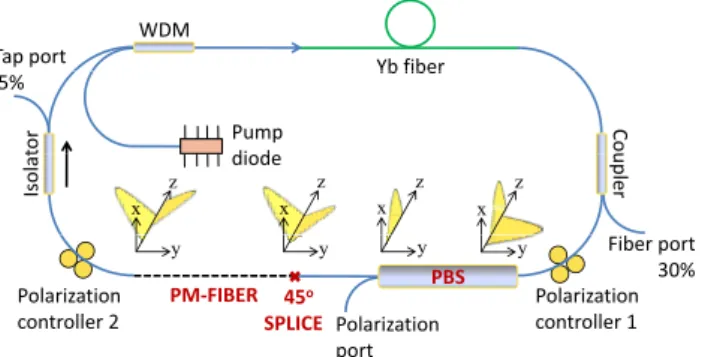 Fig. 1. Sketch of the setup, WDM: wavelength division multiplexer, PBS: polarizing beam splitter