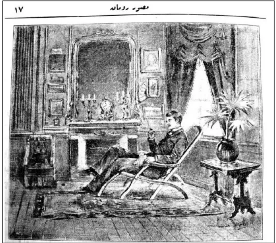 Figure 3.) An illustration in Araba Sevdası, depicting Bihrûz Bey. (Source: Ekrem, R. M