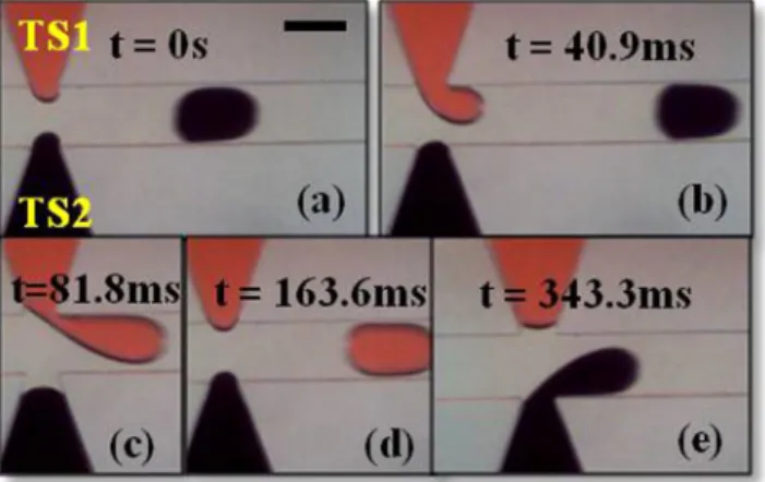 Figure 4.  Droplet generation sequence in case of α = 25 at Q c  = 2.0  µl/min and Q d  = 0.2  µl/min