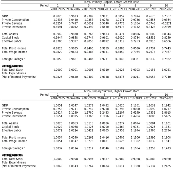 Table 3.3: General Equilibrium Results - Ratio of Deviation from the Primary Surplus Program