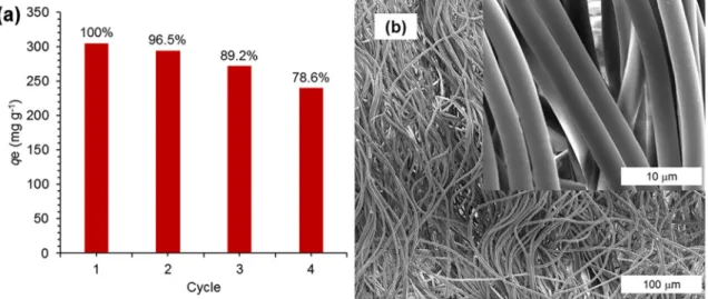 Fig. 10. (a) Reuse of AM-PIM-FM for Methyl Orange adsorption, (b) SEM images of AM-PIM-FM after 4 adsorption desorption cycle.