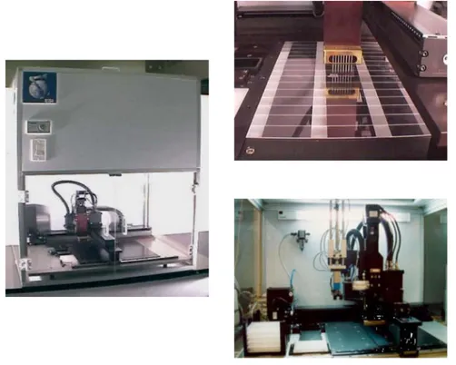 Figure 6:  SDDC-2 Microarrayer. The general view of the arrayer (left), the  printing on glass slides with the pins (right top), and the 384-well printing plates on  the source plate holder (right bottom) (Virtek Vision Inc.)