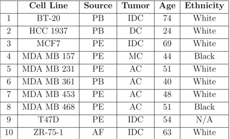 Table 1.1: The origins of breast cancer cell lines used in this study. 22 Cell Line Source Tumor Age Ethnicity