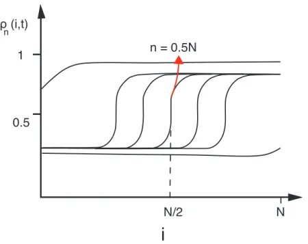 Figure 2.3: Shock profile for different numbers of particles in a lattice of 50 sites