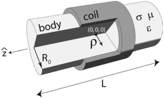 FIG. 1. Geometrical structure of the studied practical sample. R 0 , L, σ, , and µ are the radius, length, conductivity, permittivity, and permeability of the sample, respectively