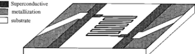 Fig. 1. Typical used superconducting thin film and the electrical contact-area patterns 共metallization兲 of the samples on 1 cm ⫻ 0.5 cm area crystalline substrates.