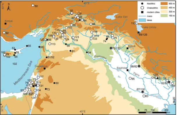 Fig. 4 Archaeological sites of the late Neolithic (Pottery Neolithic) and Chalcolithic periods with archaeobotanical information: (50) Ali Kosh, (51) Arjoune, (52) Arjoune, (53) Ayios Epiktitos Vrysi, (54) Bouqras, (55) Cape Andreas Kastros, (56) Catal Hoy