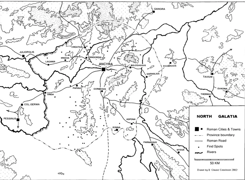 Figure  1.2  Galatia,  ·with principal Roman settlements indicated,  and distribution of epigraphic find-spots of Roman  date;  based on Mitchell 1982a,  endpaper illustration