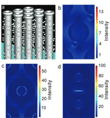 Fig. 3 SEM images of 40 nm silver coated anemone-like nanopillars. (a) After silver coating by thermal evaporation, the cavity of the nanopillars is still conserved and have a cavity with a diameter of ∼40 nm