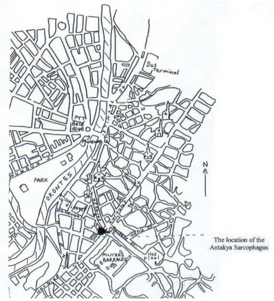 Fig. 33. Modern Map of Antioch and the location of the Antakya Sarcophagus. 