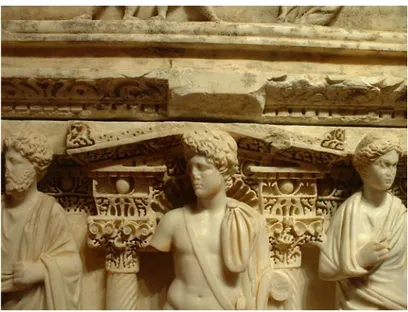 Fig. 47. Detail of the gabled pediment on the front side of the Antakya  Sarcophagus. 