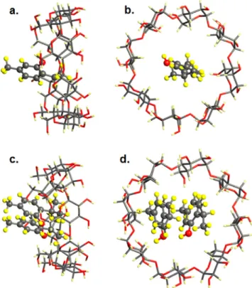 Fig. 2. Side and top view of THY/ c -CD-IC for (a)-(b) 1:1 and (c)-(d) 2:1 stoichiom- stoichiom-etry