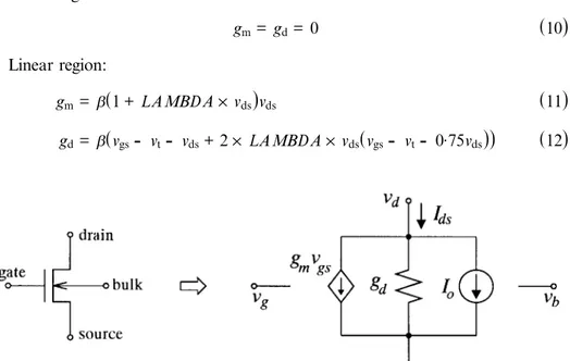 Figure 2. The linear DC equivalent circuit of an n-type MOSFET used in transient analysis.