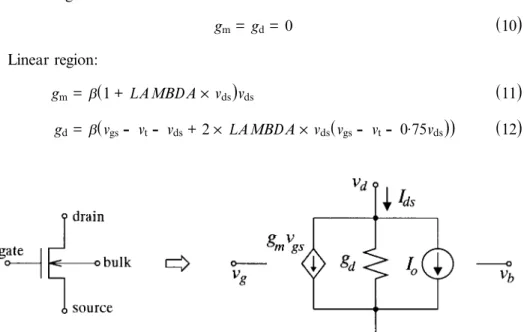 Figure 2. The linear DC equivalent circuit of an n-type MOSFET used in transient analysis.