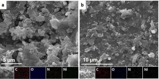 Figure 3.13: SEM images of ERGO: Ni-P (a) before and (b) after 3h CA experi- experi-ment showing C, O , N and Ni mappings