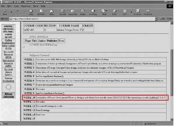 Figure 3.3. Fourth year interior design studio syllabus (Retrieved May 25, 2003 from                        http://stars.bilkent.edu.tr/) 
