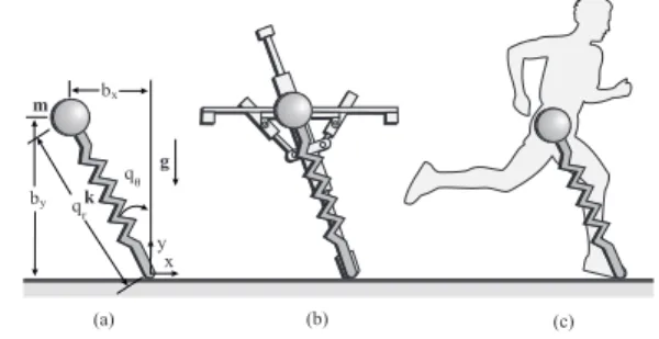 Fig. 1. (a) The SLIP model, (b) Raibert’s hopper, (c) A human runner.