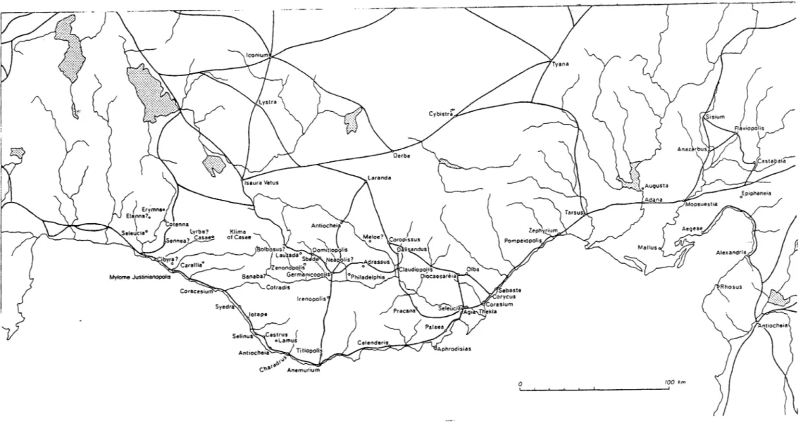 Fig. 4 : Roman Sites of Cilicia (from Mitford,  1980)   Antiocheia-o&#34;~~ C&#34;a.t~  An•mutium  0  100  km L  --7- ~· (( Flav1opol1s 