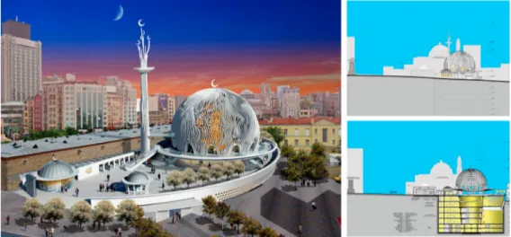 Figure 6. Ahmet Vefik Alp ’s mosque proposal for Taksim (courtesy of Alp Architects); note the Aya Triada Church in the background.