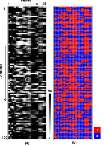 Figure 10 Response of a 25-fiber sensor array. (a) The gray scale representation of the fiber  responses  is  shown  for  each  fiber  and  chemical  combination