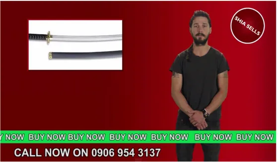 Figure 4. Manipulated footage of LaBeouf at the graduation show, mimicking a  salesman on a TV sale commercial
