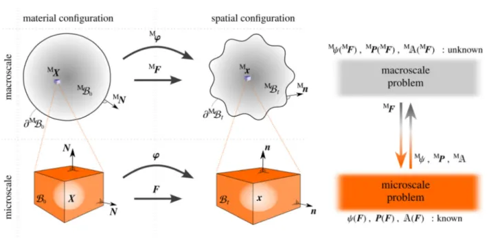 Fig. 1 Graphical summary of computational homogenization. The macroscopic domain M B 0 is mapped to the spatial config- config-uration M B t via the nonlinear deformation map M u