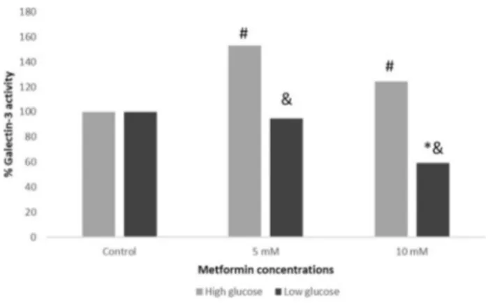 Fig. 2    Galectin-3 levels of MCF7 cells treated with 5 and 10  mM  of metformin in high and low glucose conditions (* and # reflects  p &lt; 0.05 when compared to control group, &amp; reflects p &lt; 0.05 when  compared to high glucose medium)