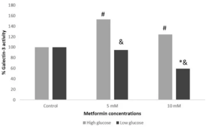 Fig. 2    Galectin-3 levels of MCF7 cells treated with 5 and 10  mM  of metformin in high and low glucose conditions (* and # reflects  p < 0.05 when compared to control group, &amp; reflects p < 0.05 when  compared to high glucose medium)