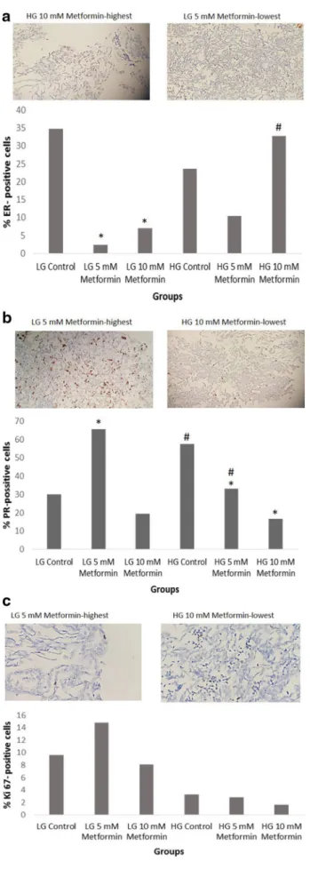 Fig. 3    % ER positive (a), % PR positive (b), % Ki 67 positive (c)  MCF7 cells treated with consecutive doses of metformin in high and  low glucose conditions at 24  h (*p < 0.05 when metformin treated  groups compared to control group in LG or HG med