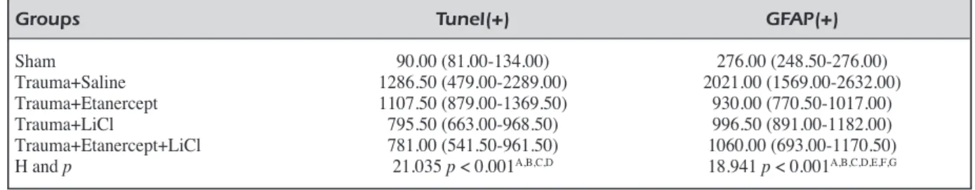 Table IV. Median values of total TUNEL(+) motor neurons in perilesional cortex and total GFAP(+) protoplasmic astrocytes for all groups (25%-75% percentiles).
