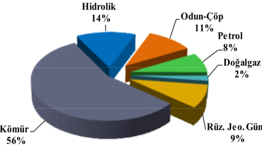 Şekil 1.6. Türkiye birincil enerji üretiminde kaynakların payı (ETKB 2012)