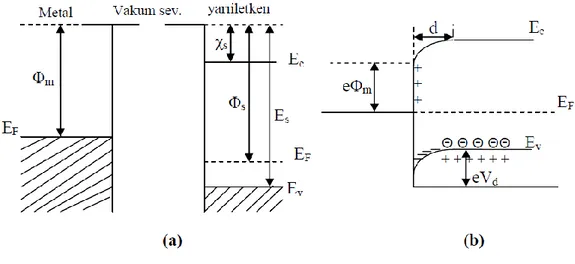 Şekil 3.3. Metal/ P–tipi yarıiletken doğrultucu kontağın (a) kontaktan önce ve (b) kontaktan sonra ve termal  dengede enerji bant diyagramı 