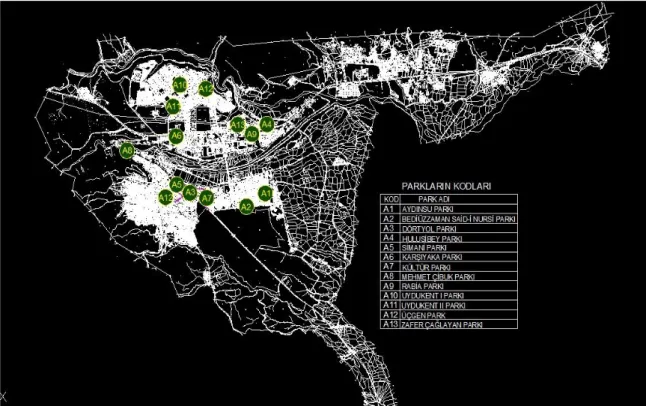 Şekil 3.1. Araştırma alanlarının Bingöl şehir haritası planındaki konumları 