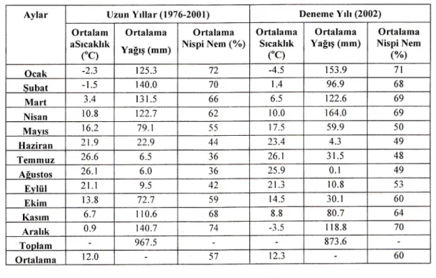 Tablo  l.  1976-200l  Yılları  Arası  ve Dençme  Yılı  (2002)  İklim  Degerleri.