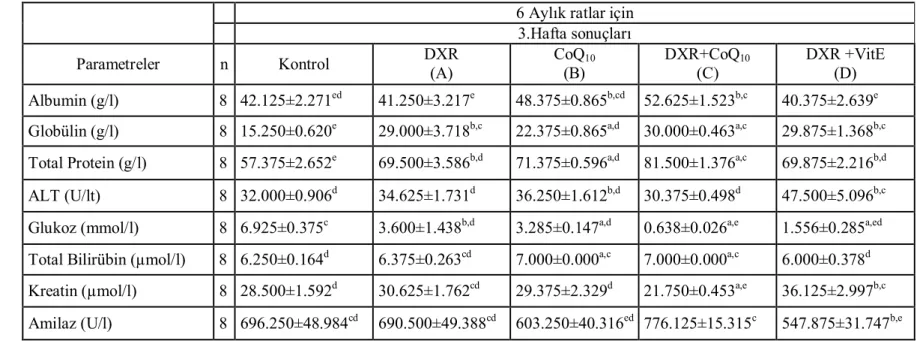 Çizelge 6. Altı aylık ratlarda üçüncü hafta kontrol ve çalışma grupları biyokimyasal parametre düzeyleri.