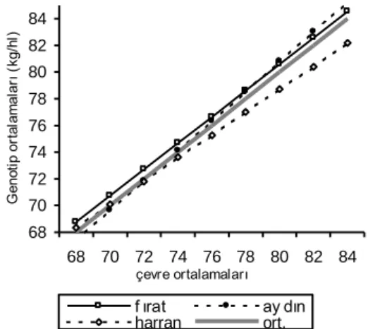 Şekil 2. Hektolitre ağırlıkları için genotiplerin  değişik çevrelere tepkileri 