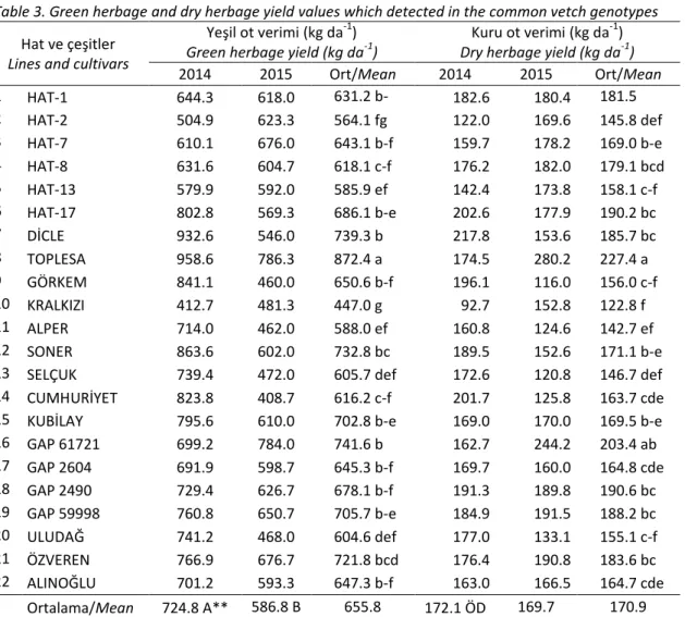 Çizelge 3. Adi fiğ genotiplerinde saptanan yeşil ot ve kuru ot verimlerine ait değerler 