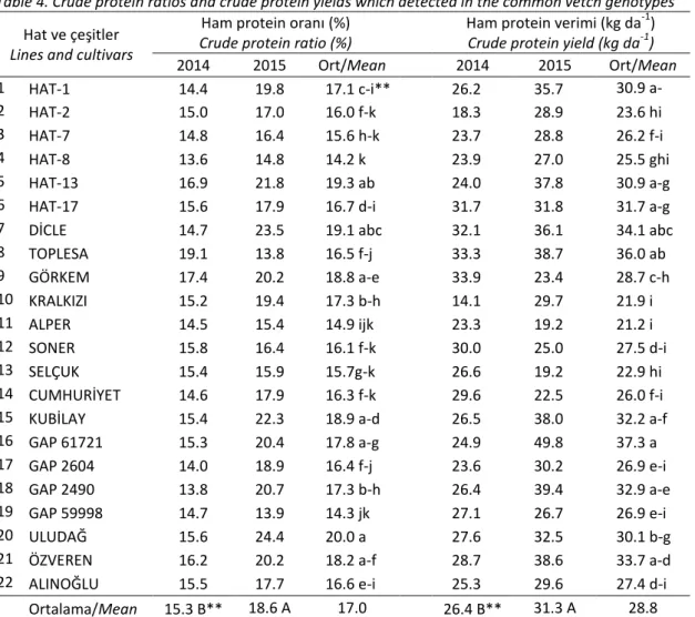 Çizelge 4. Adi fiğ genotiplerinde saptanan ham protein oranı ve ham protein verimlerine ait değerler  Table 4