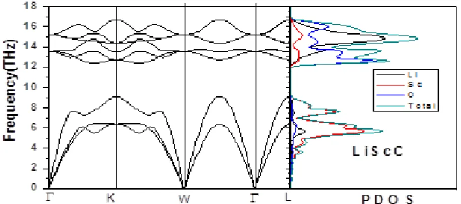 Figure 1. The phonon dispersion curves and partial density of states for LiScC 