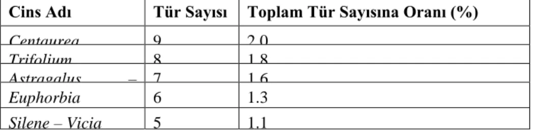 Tablo 4 . Araştırma alanında en çok tür içeren cinsler 